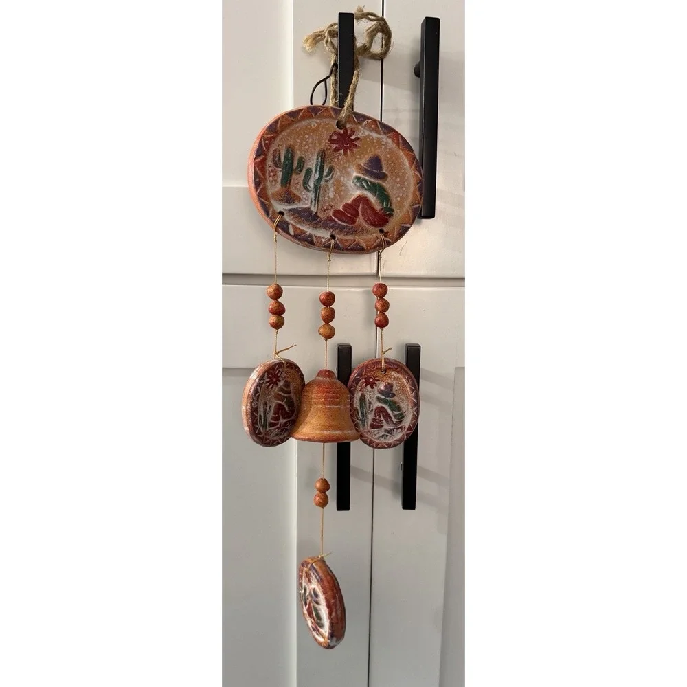 Vtg Southwestern Clay Pottery Wind Chime Desert Cactus Sombrero